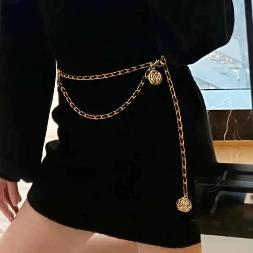 NEW Gold Black Rose Camellia Flower Charms Interwoven Chain Belt